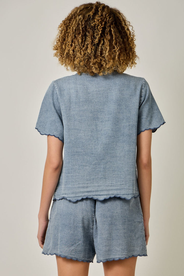 SHORT SLEEVE BUTTON FRONT TENCEL EMBROIDERED BLOUSE - DARK DENIM