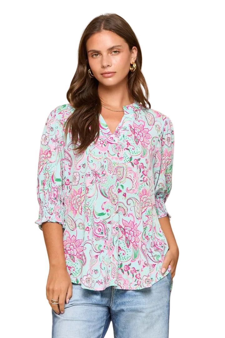 DEAR SCARLETT LIZZY SMOCKED TOP - PAISLEY AQUA/PINK