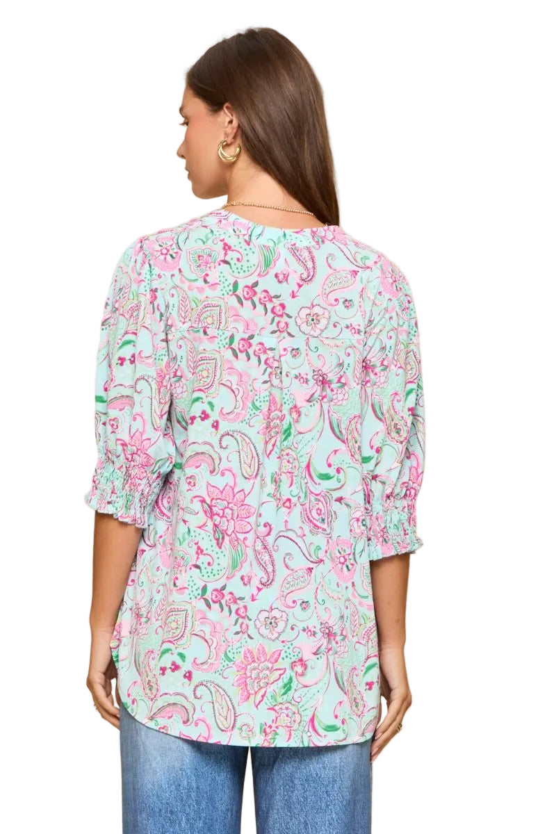 DEAR SCARLETT LIZZY SMOCKED TOP - PAISLEY AQUA/PINK
