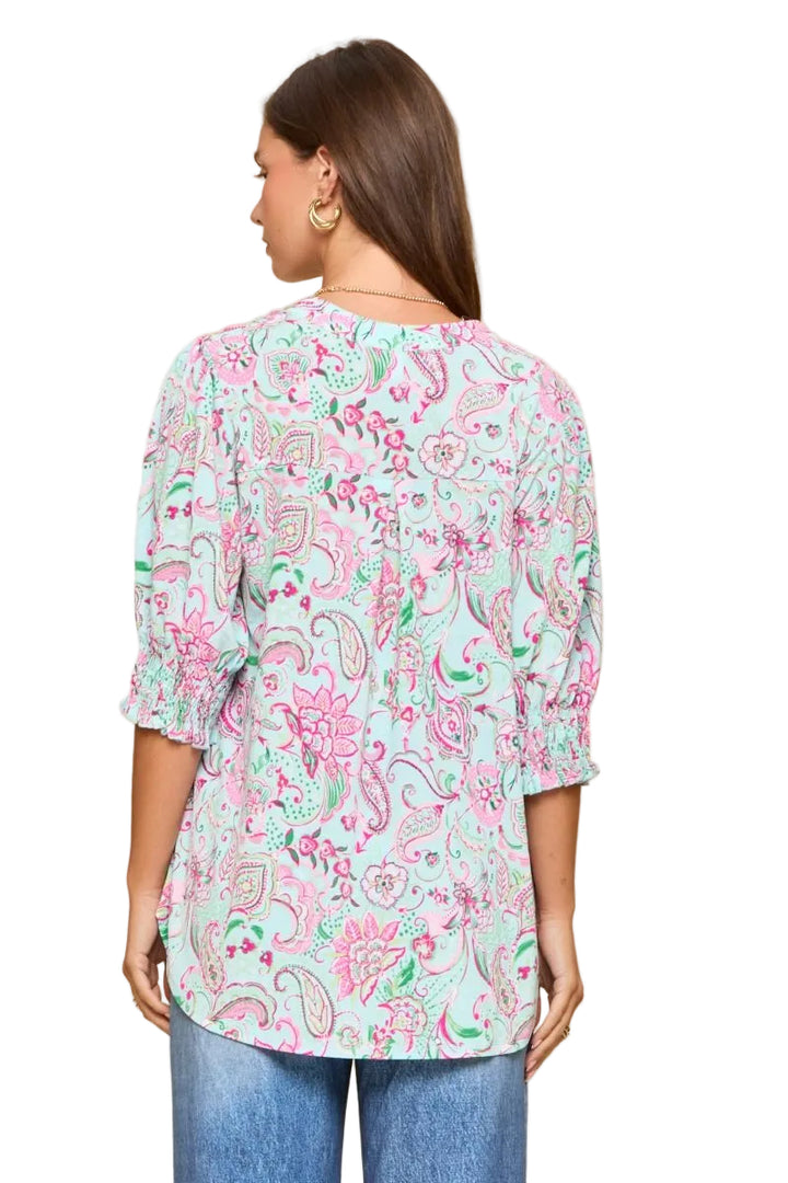 DEAR SCARLETT LIZZY SMOCKED TOP - PAISLEY AQUA/PINK