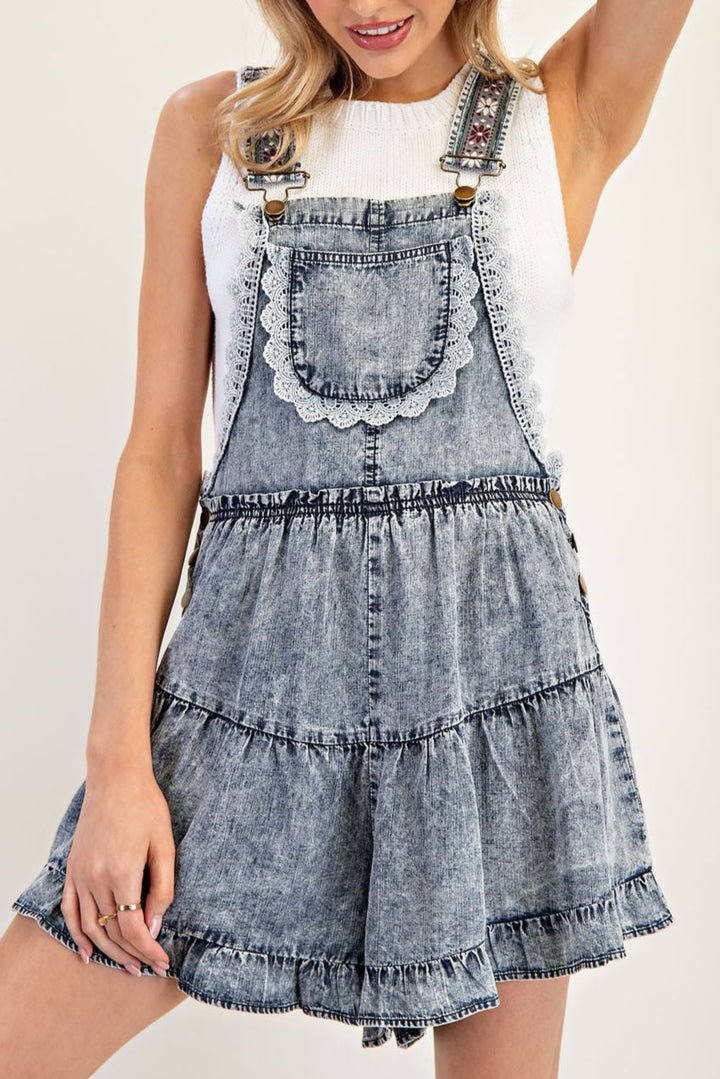 SNOW WASHED LACE DETAILED ROMPER - DENIM