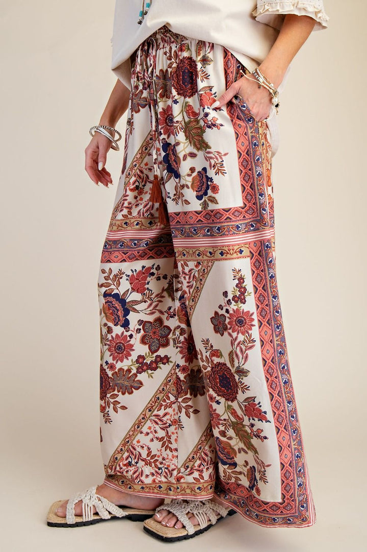 PRINTED STRETCH RAYON LINEN PANTS - KHAKI/MAUVE