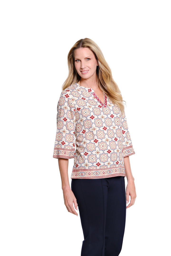 3/4 FLARE SLEEVE NOTCH NECK EMBROIDERED TOP - GEO CREAM/BURGUNDY/TAN