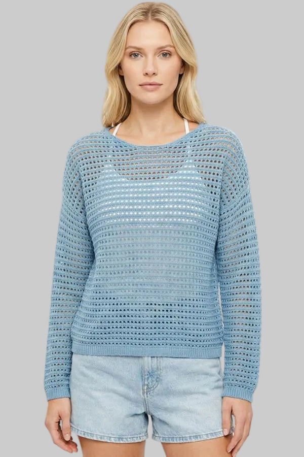 WIDE CREW NECK FISH NET CROCHET TOP - DENIM