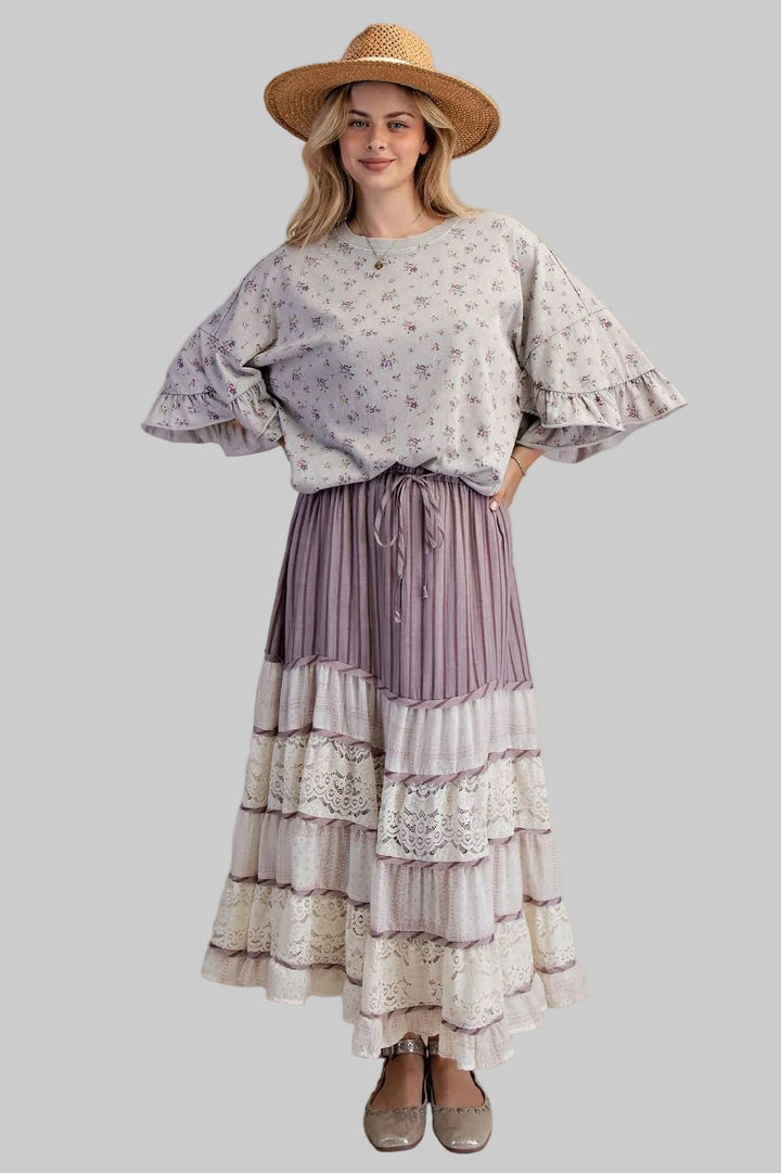 3/4 RUFFLE SLEEVE FLORAL LOOSE FIT TOP - DUSTY LILAC