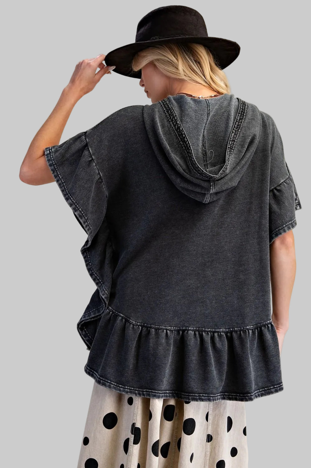 SHORT DOLMAN SLEEVE RUFFLE HEM TERRY TOP - ASH