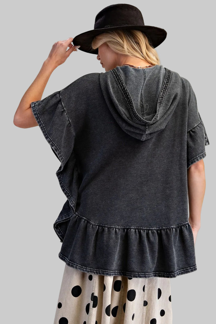 SHORT DOLMAN SLEEVE RUFFLE HEM TERRY TOP - ASH