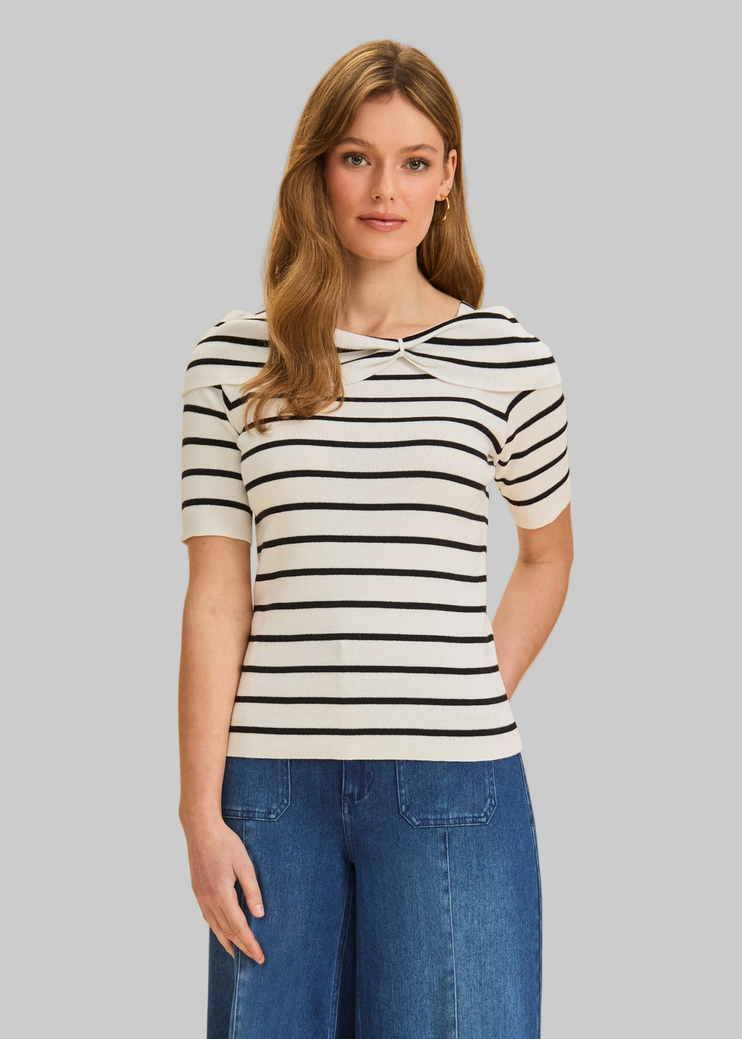 BOAT NECK STRIPE KNIT TOP - BLACK