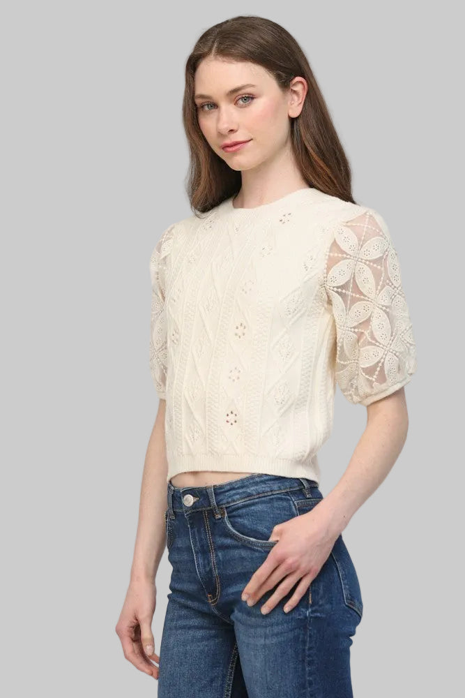 SHORT SLEEVE SHEER EMBROIDERED CONTRAST KNIT SWEATER - CREAM