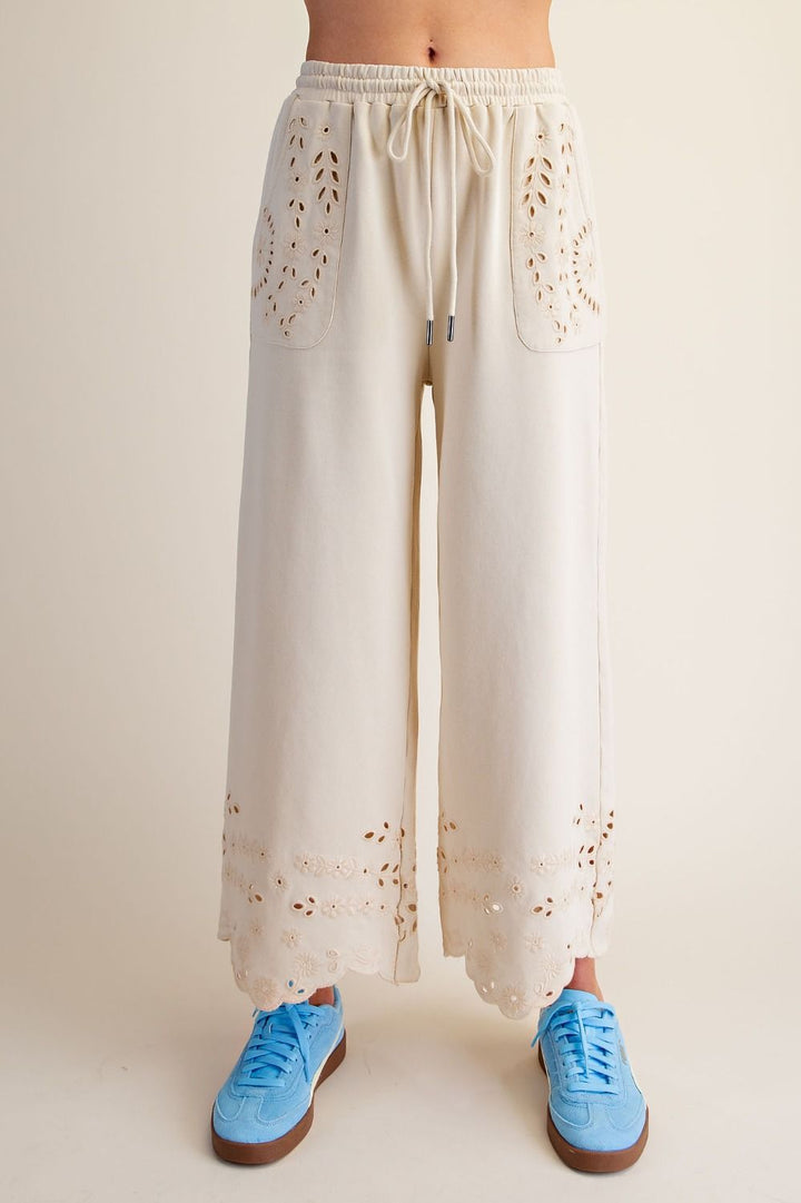 EMBROIDERY DETAIL TERRY KNIT PANTS - NATURAL