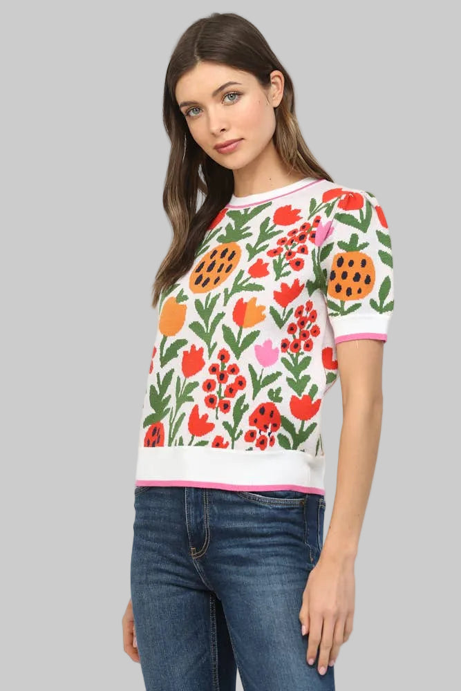 SHORT SLEEVE KNIT TROPICAL SWEATER - WHITE