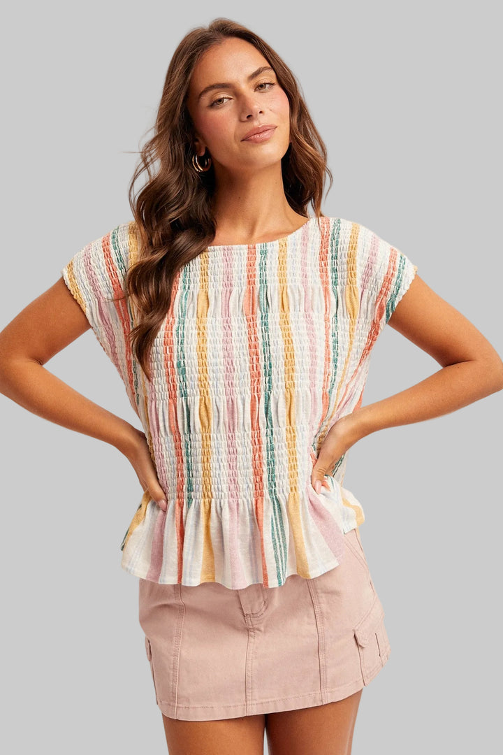 BOAT NECK TIERED SMOCKED CAPPED SLEEVE KNIT TOP - PASTEL MIX