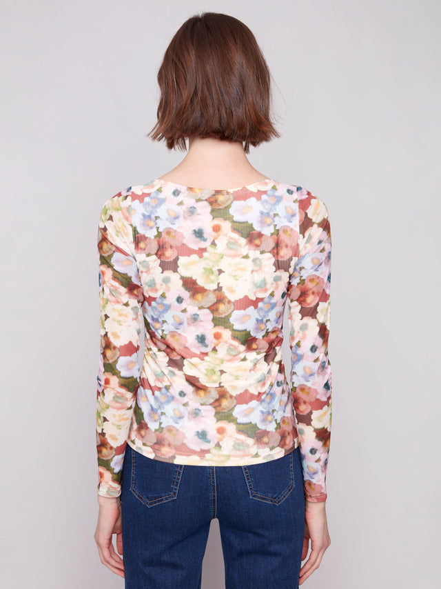 PRINTED MESH TOP W/GATHERING AT SIDES - BOTANICAL