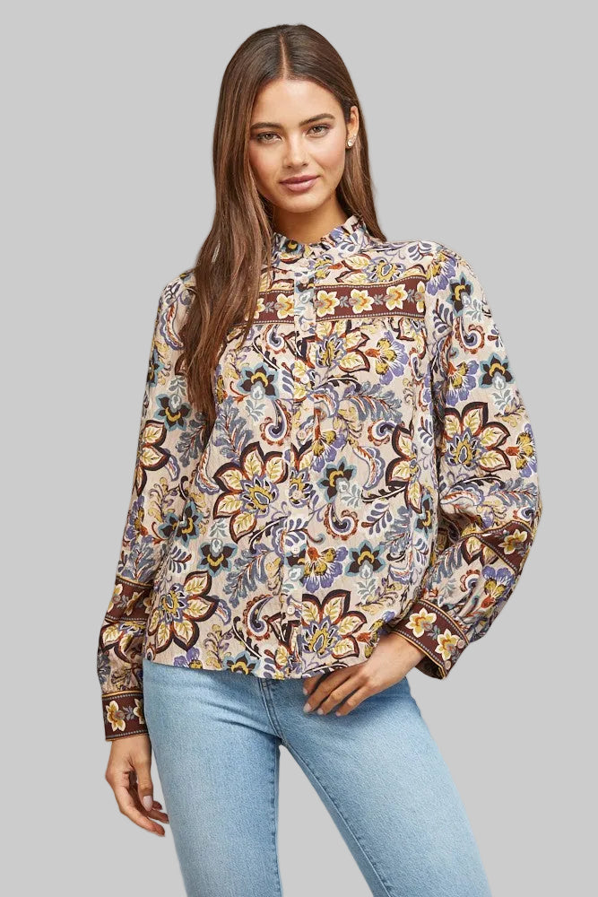 LACE TRIMMED STAND COLLAR  LONG SLEEVE BLOUSE - CREAM MULTI