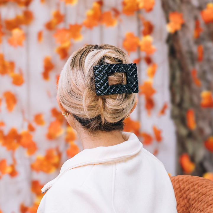 TELETIES LARGE FLAT RECTANGLE HAIR CLIP - JET BLACK QUILTED