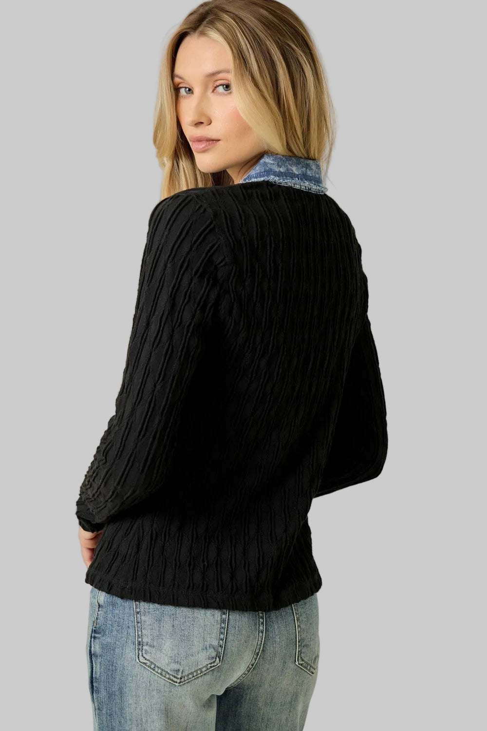 DENIM MIXED TEXTURED KNIT HENLEY TOP - BLACK
