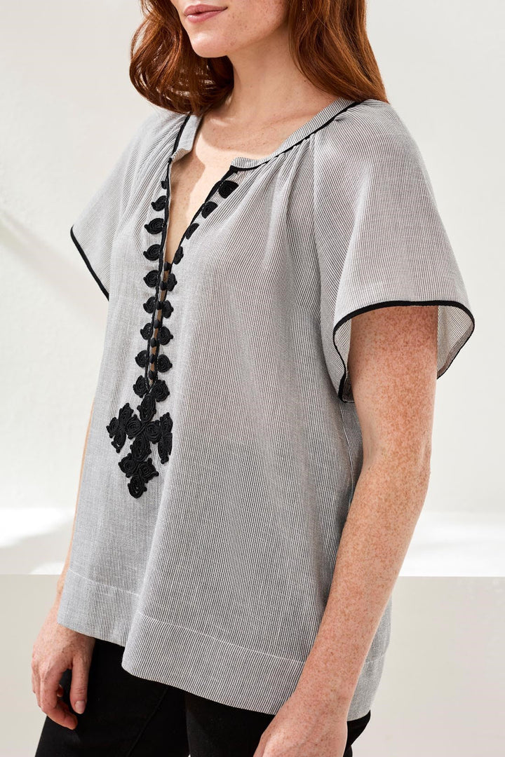 SHORT SLEEVE BLOUSE W/TAPE DETAIL - BLACK