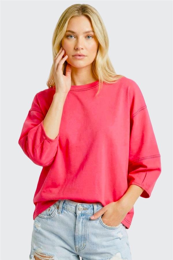 3/4 SLEEVE CREW NECK TOP - FUCHSIA