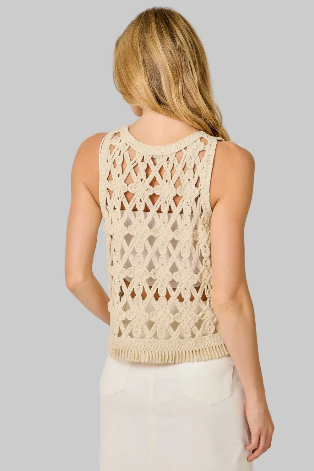 FRINGE HEM CROCHET CROPPED TANK - BONE