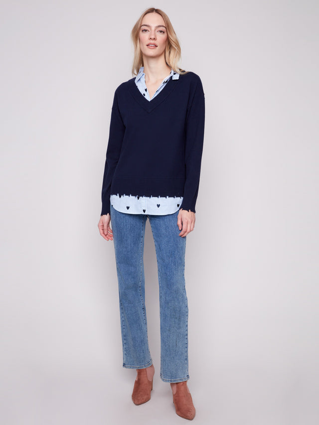 V-NECK FOOLER SWEATER W/POPLIN SHIRT COLLAR - NAVY