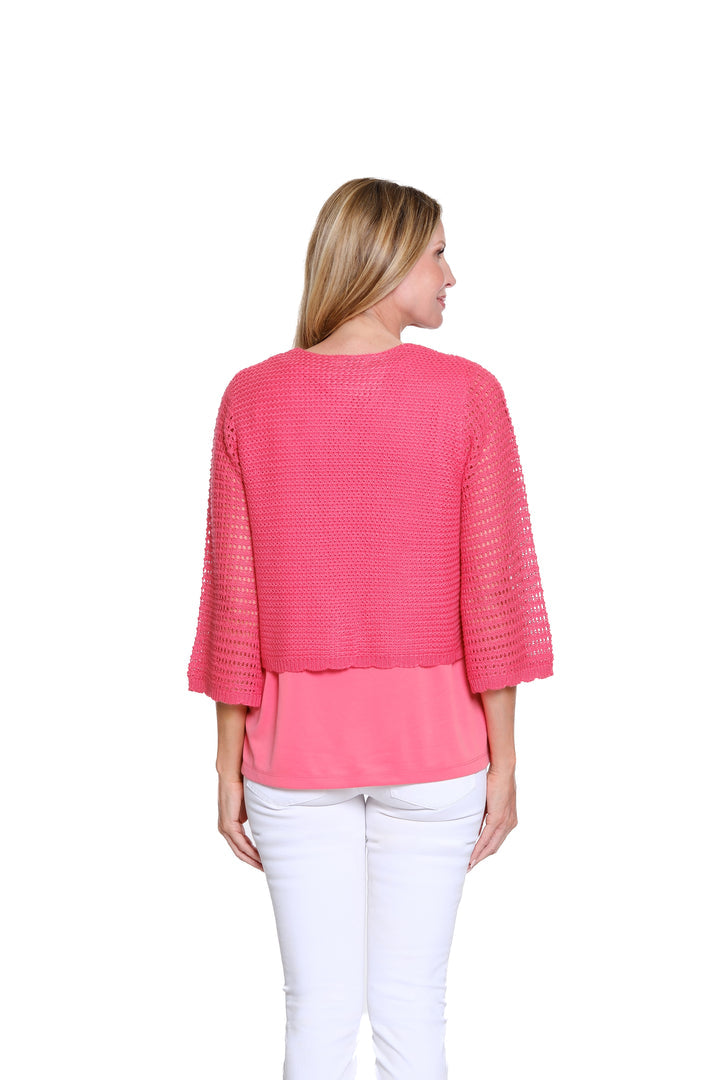 3/4 SLEEVE TIE FRONT KNIT SWEATER CARDIGAN - CORAL PINK