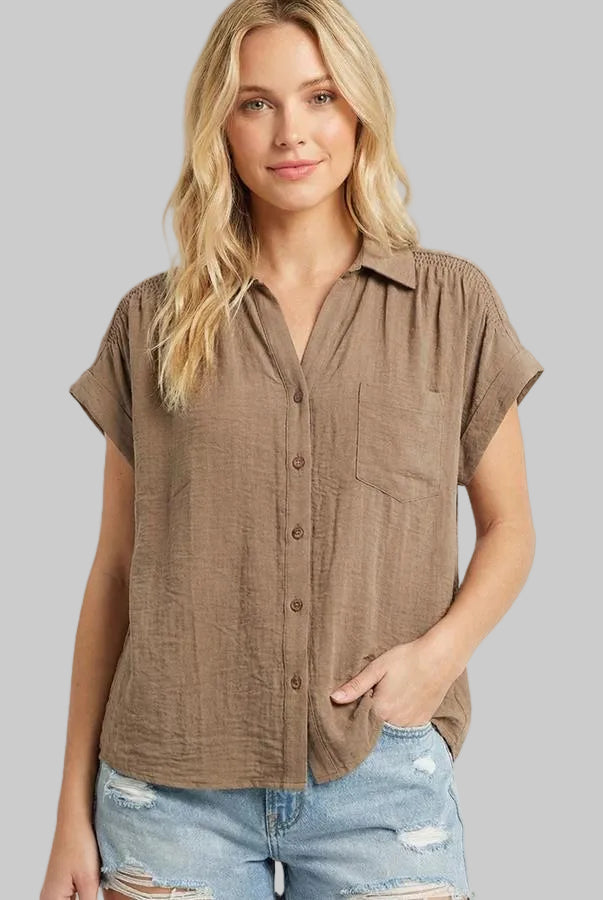 DROP SHOULDER BUTTON UP SHIRT-  CAMEL