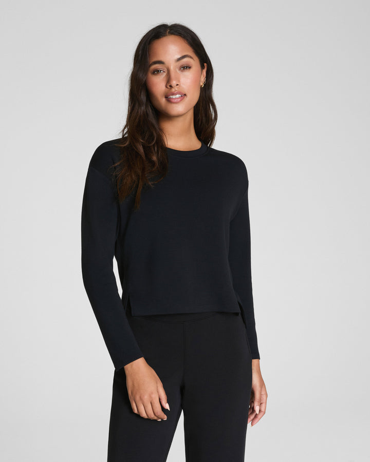 SPANX AIRESSENTIALS LONG SLEEVE SIDE SLIT TOP - VERY BLACK