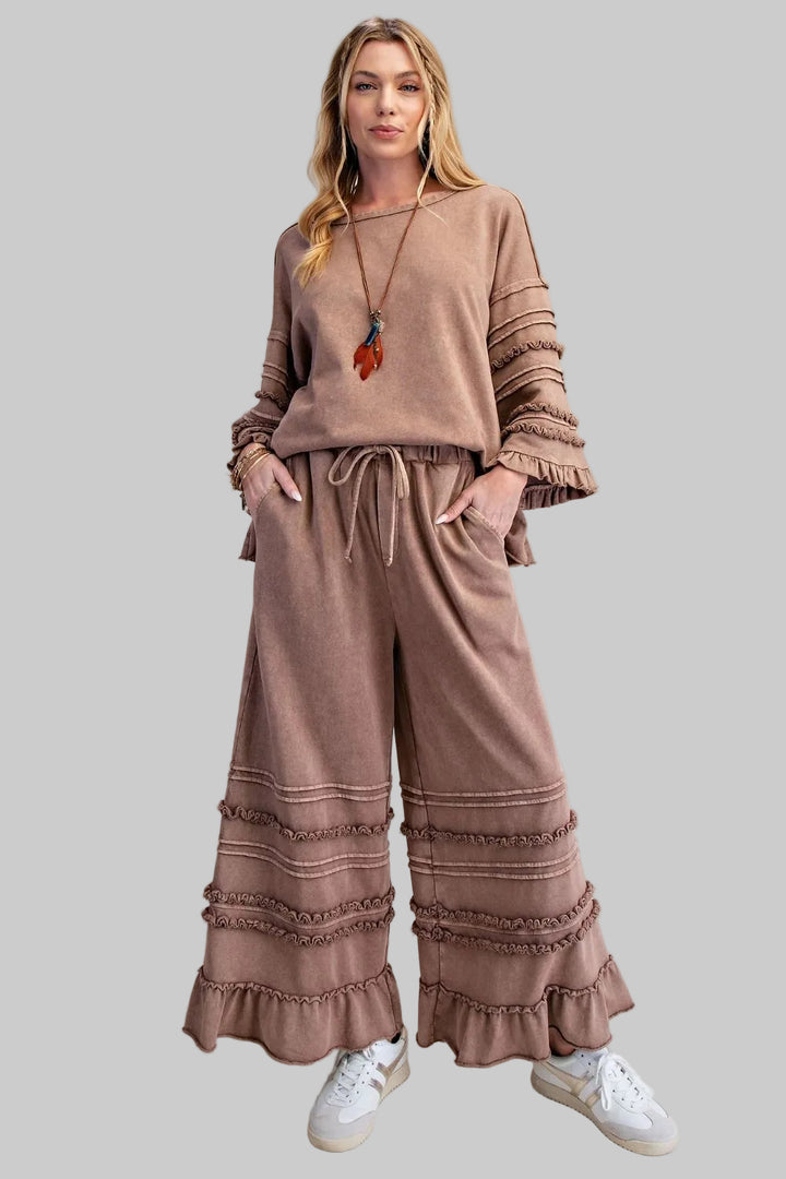 MINERAL WASHED TERRY KNIT CROPPED PANTS - MOCHA