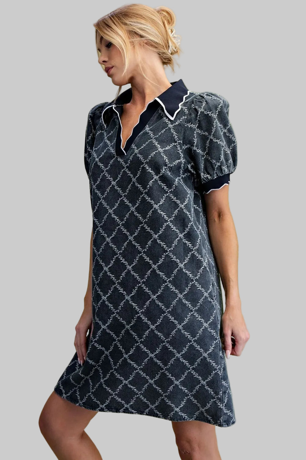 PUFF SLEEVE DIAMOND TEXTURED WASHED DENIM SHORT DRESS -  DENIM