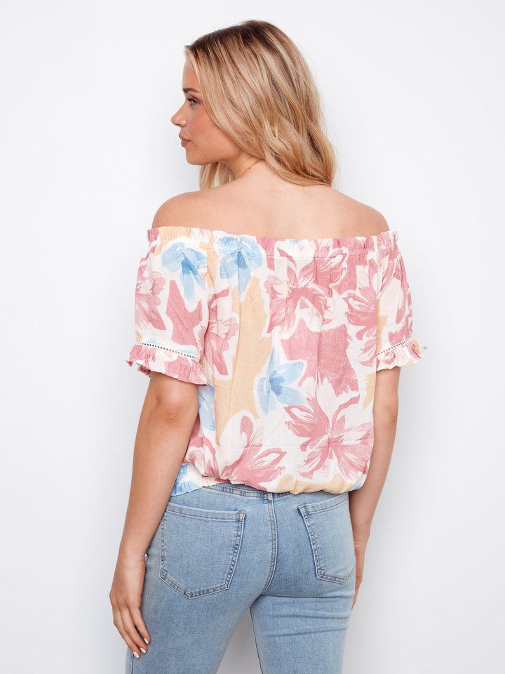 PRINTED SHORT SLEEVE OFF SHOULDER BLOUSE - FLOWERY