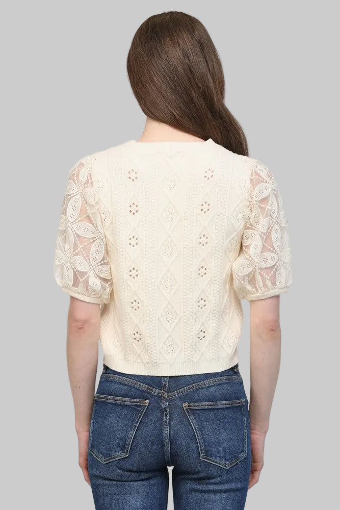 SHORT SLEEVE SHEER EMBROIDERED CONTRAST KNIT SWEATER - CREAM