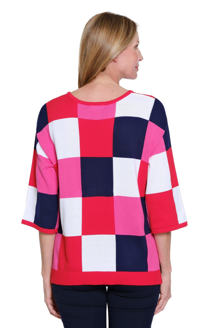 ELBOW SLEEVE SCOOP NECK SWEATER - CHECKERED PINK/RED/NAVY