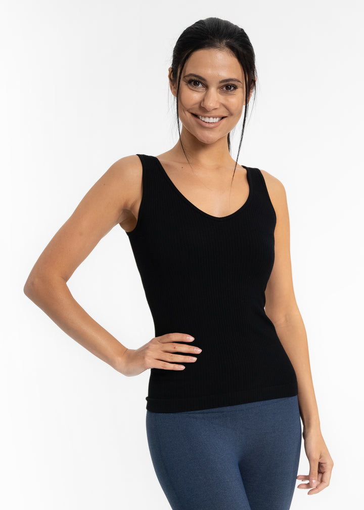 SEAMLESS RIBBED REVERSIBLE TANK - O/S - BLACK