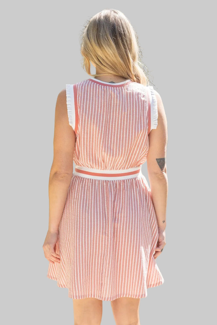 SLEEVELESS RUFFLED RIB BAND STRIPE SHORT DRESS - SALMON/CREAM