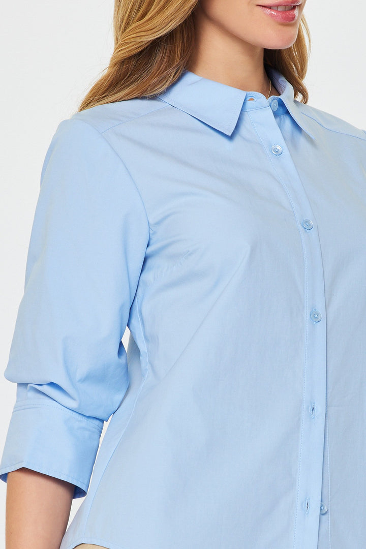 3/4 FIXED ROLLED SLEEVE BUTTON DOWN BLOUSE - PALE BLUE