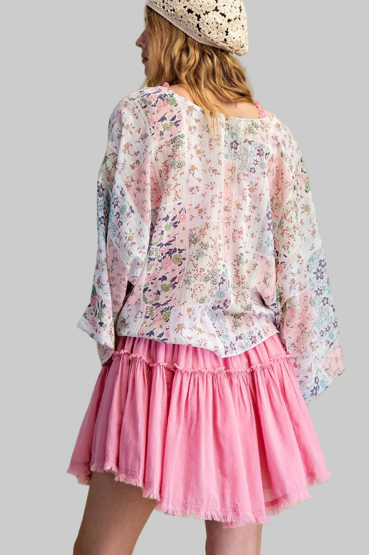 DOLMAN SLEEVE PRINTED POLY CREPE TIE FRONT KIMONO - BLUE CORAL