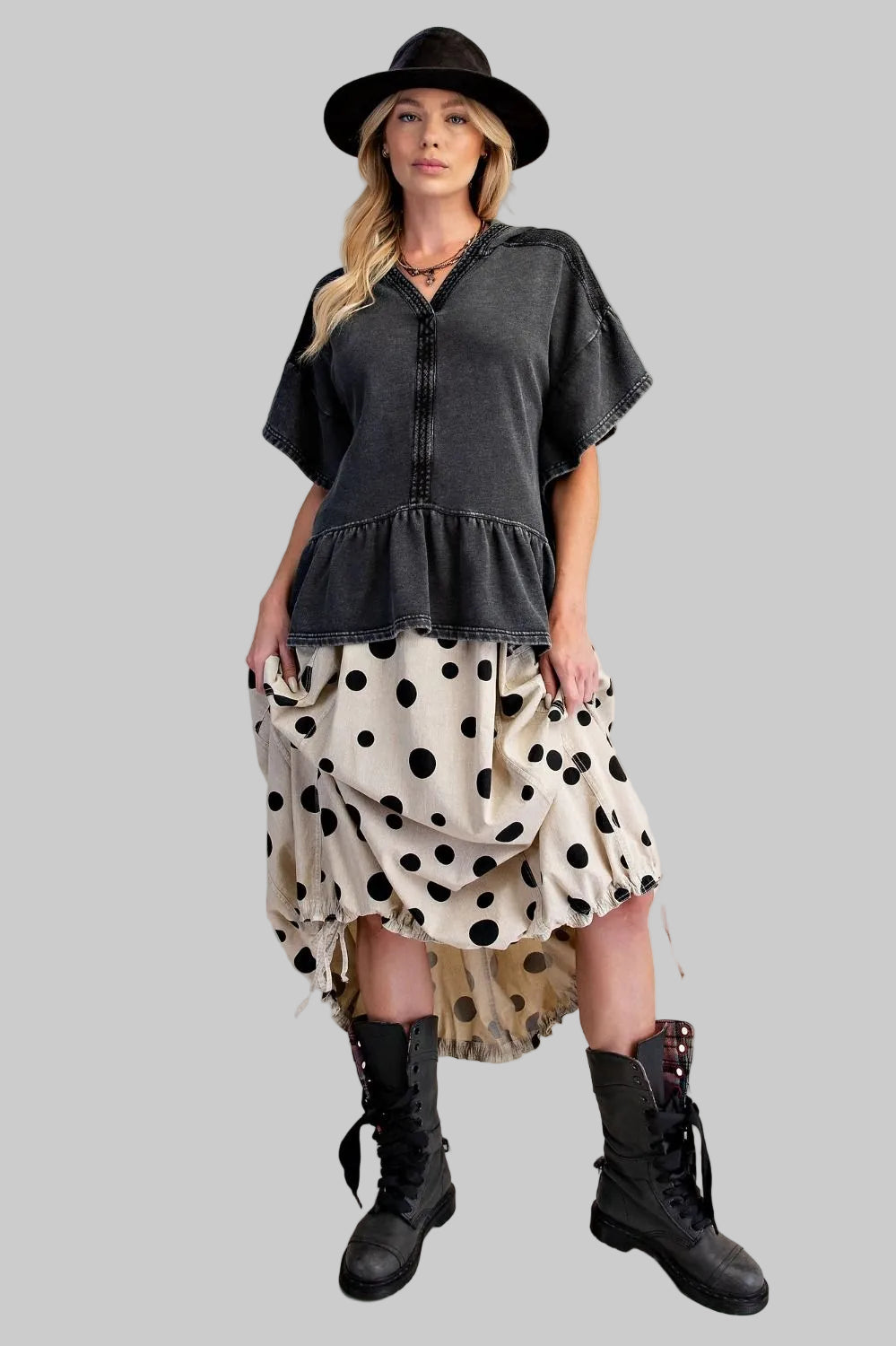 SHORT DOLMAN SLEEVE RUFFLE HEM TERRY TOP - ASH
