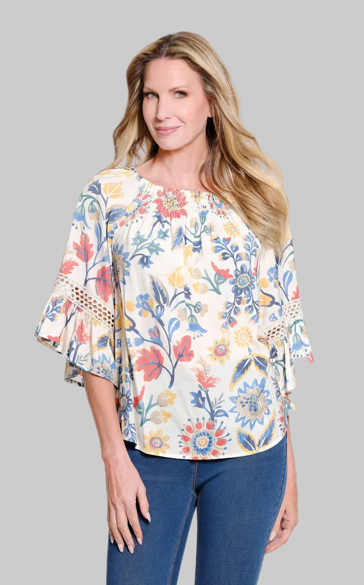 3/4 FLOUNCE RAGLAN SLEEVE SHIRRED NECK TOP - BEIGE NAVY/RED FLORAL