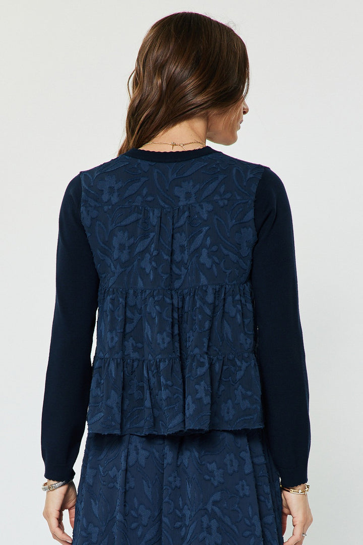 MIXED MEDIA FLORAL BACK SWEATER - NAVY