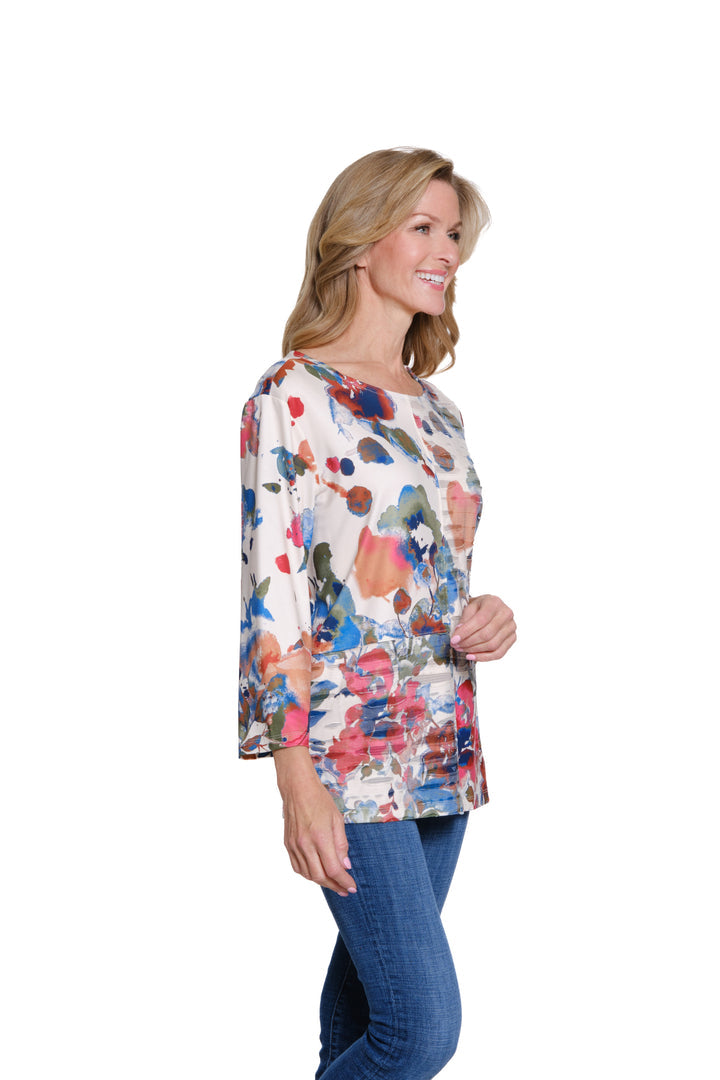 3/4 SLEEVE SCOOP NECK MULTI-PANEL TOP - BEIGE/WATER COLOR FLORAL