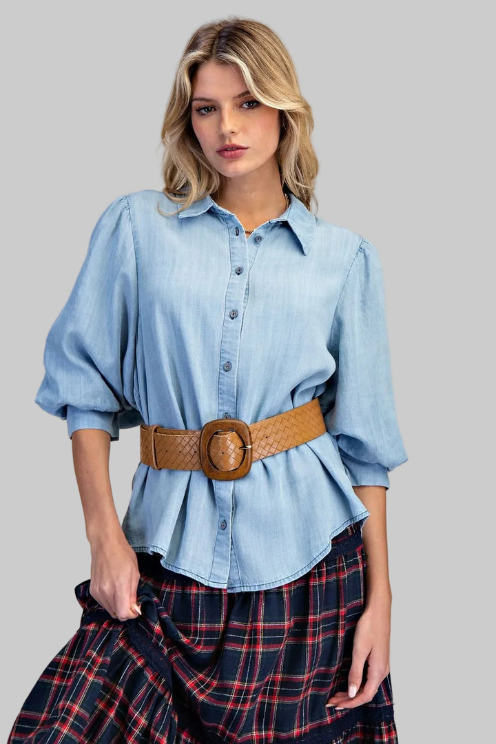 3/4 SLEEVE WASHED DENIM SHIRT - LIGHT DENIM