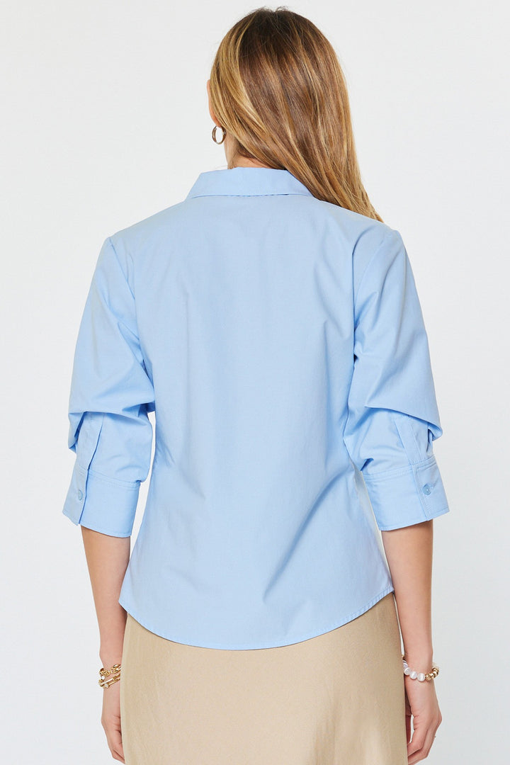 3/4 FIXED ROLLED SLEEVE BUTTON DOWN BLOUSE - PALE BLUE