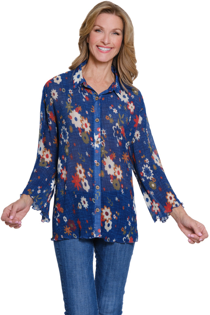 3/4 SLEEVE BUTTON FRONT PLEATED SHIRT - NAVY FLORAL PRINT