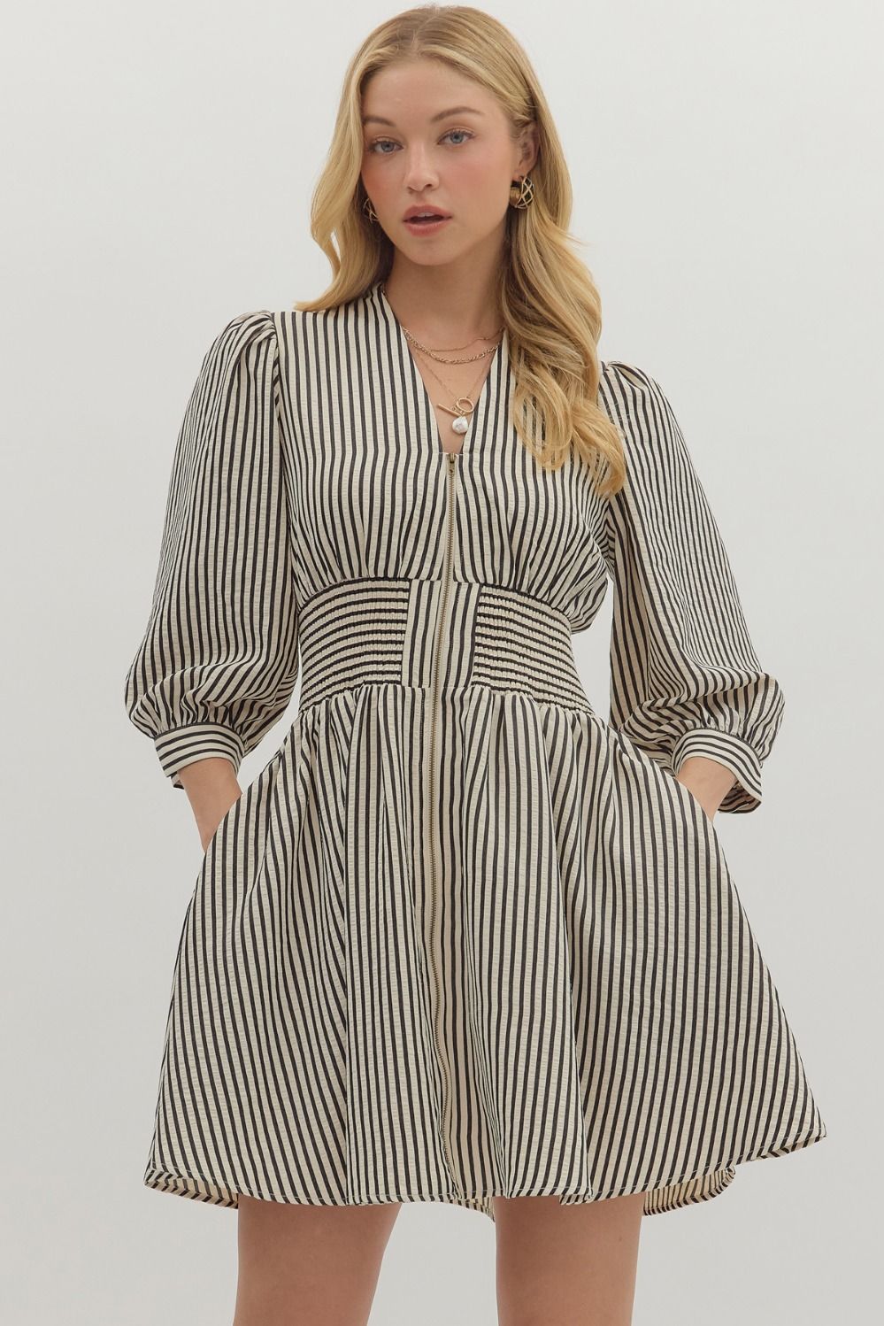CINCH WAIST SHORT ZIPPER DRESS - INDIGO STRIPE
