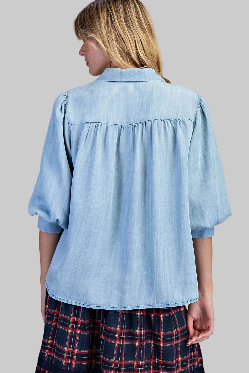 3/4 SLEEVE WASHED DENIM SHIRT - LIGHT DENIM