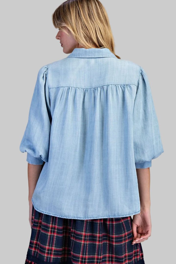 3/4 SLEEVE WASHED DENIM SHIRT - LIGHT DENIM