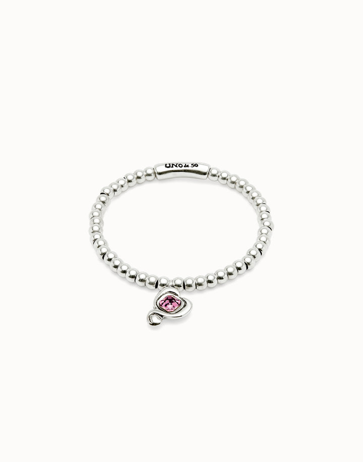 UNO DE 50 BEADED STRETCH BRACELET WITH HEART - SILVER W/PINK CRYSTAL