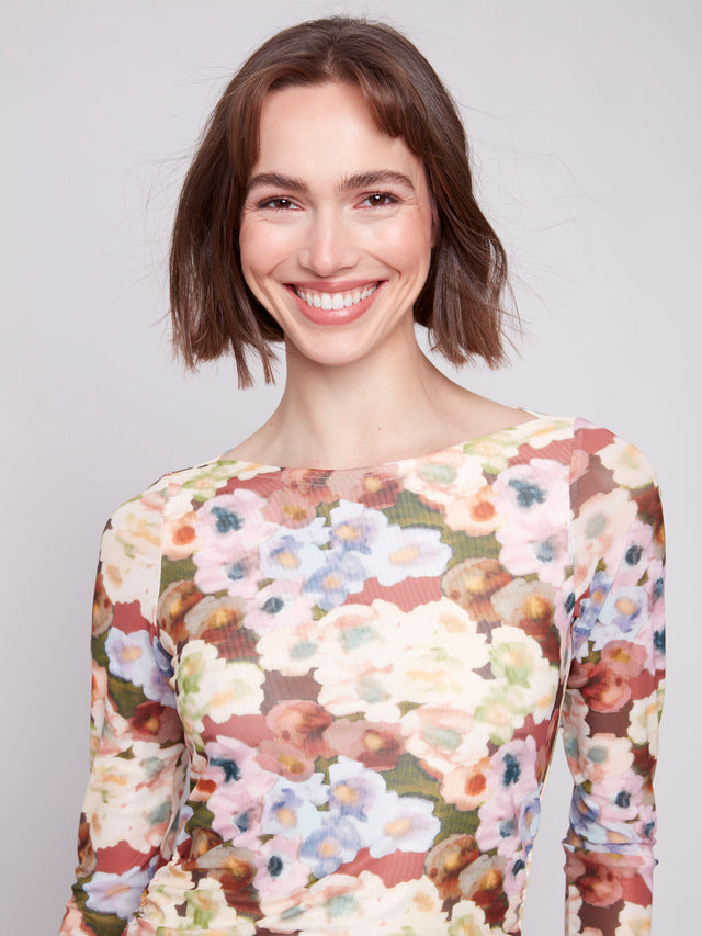 PRINTED MESH TOP W/GATHERING AT SIDES - BOTANICAL