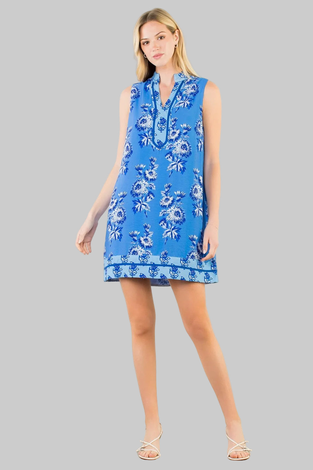 SLEEVELESS V-NECK FLORAL PRINT SHORT DRESS - BLUE