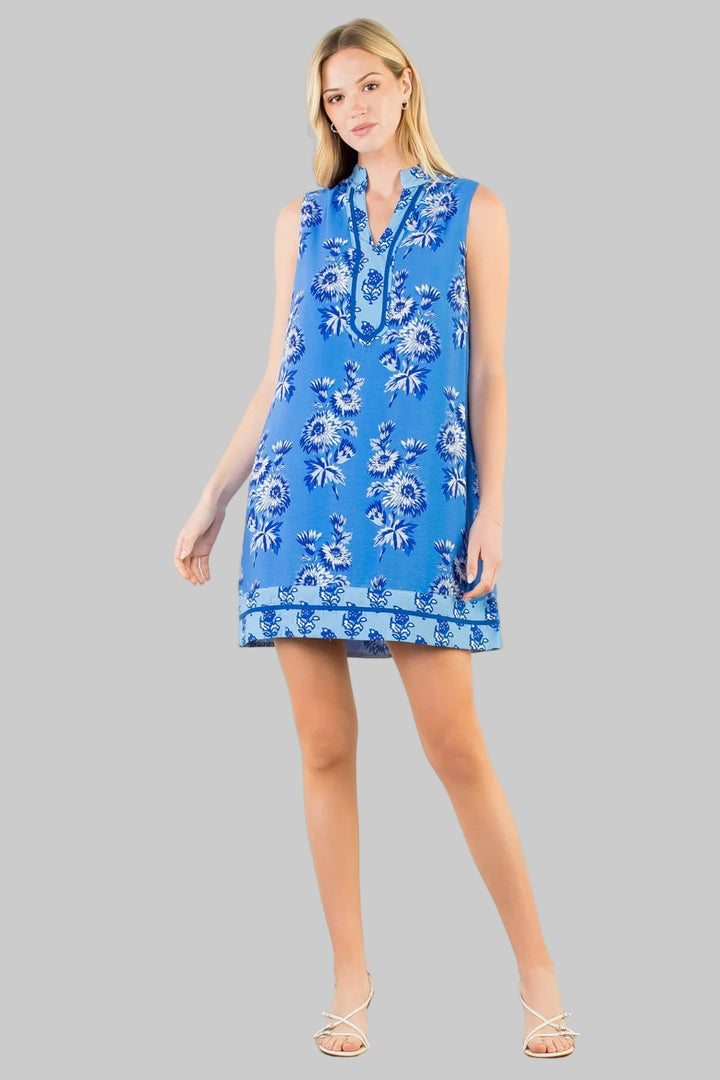 SLEEVELESS V-NECK FLORAL PRINT SHORT DRESS - BLUE